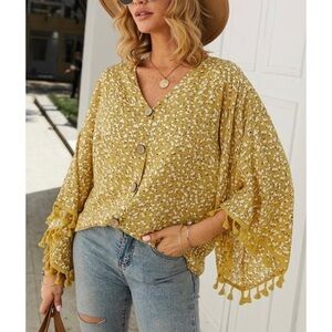 Speckle Fringe Button-Front Dolman-Sleeve Top